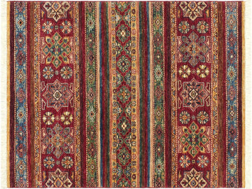 handmade Geometric Khorgeen Red Blue Hand Knotted RECTANGLE 100% WOOL area rug 3x5